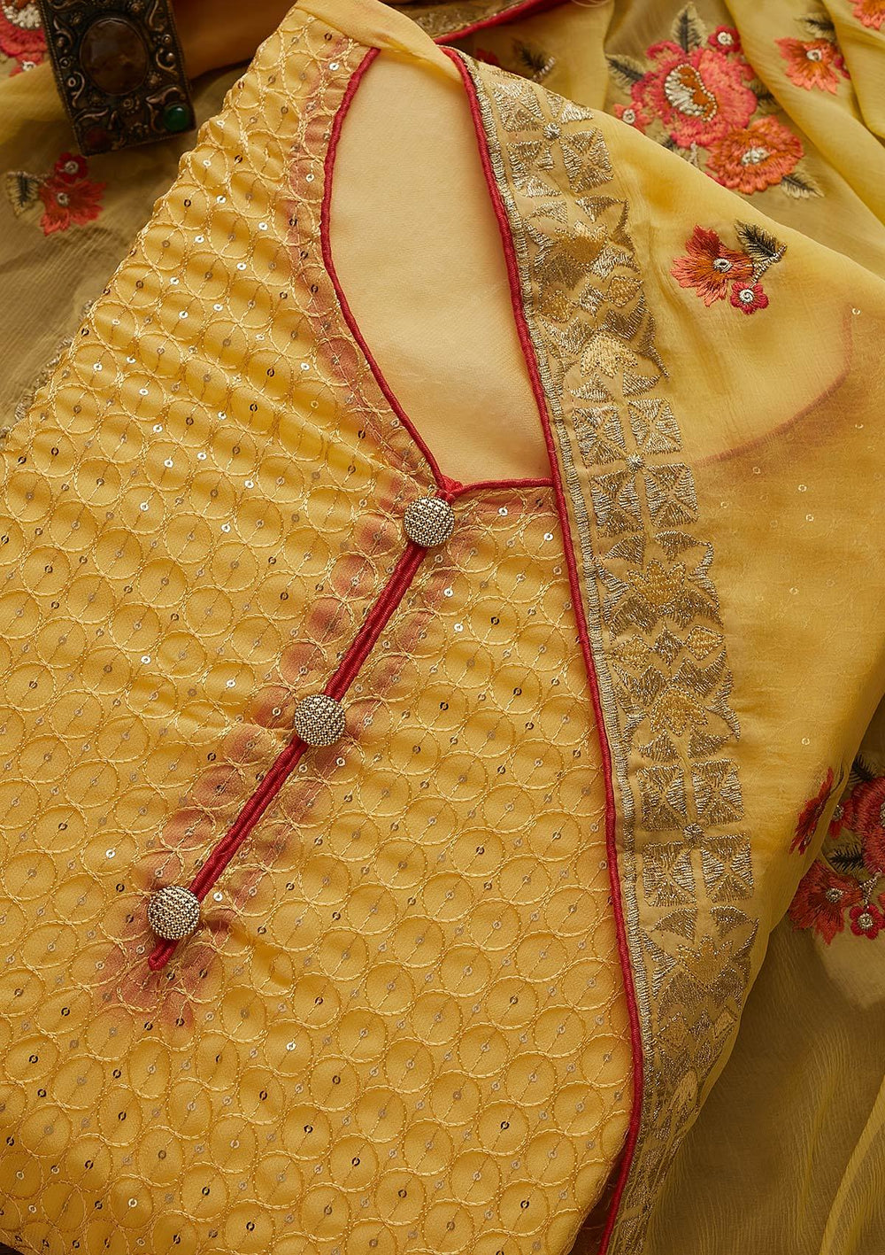Yellow Threadwork Georgette Designer Unstitched Salwar Suit - Koskii