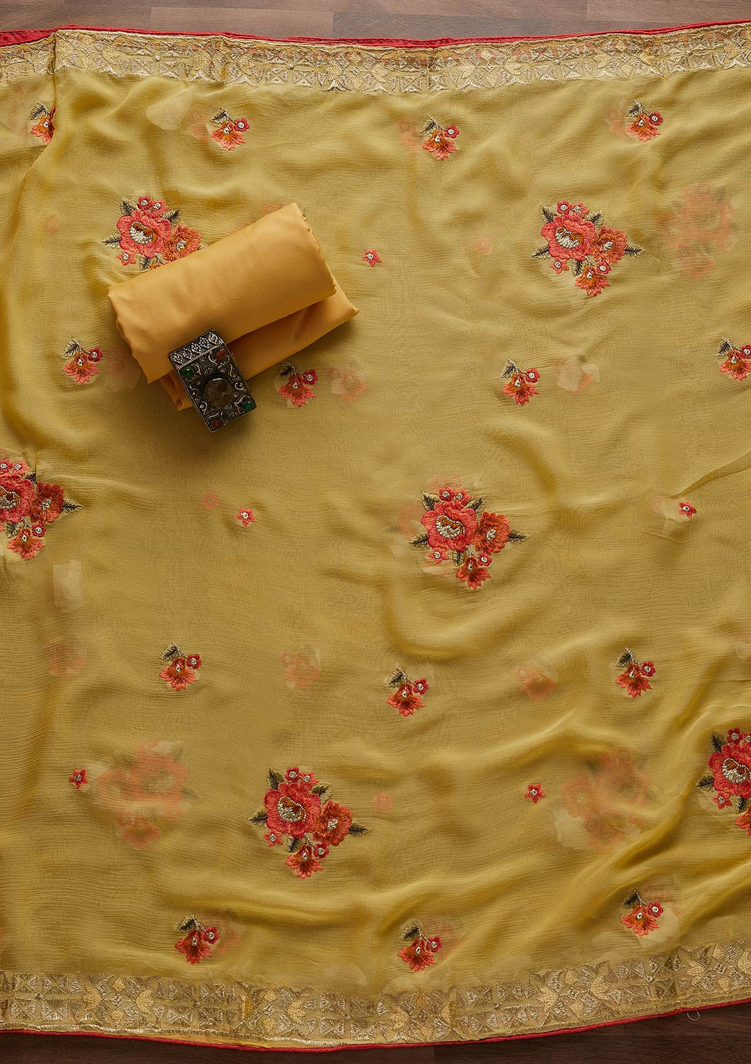Yellow Threadwork Georgette Designer Unstitched Salwar Suit - Koskii