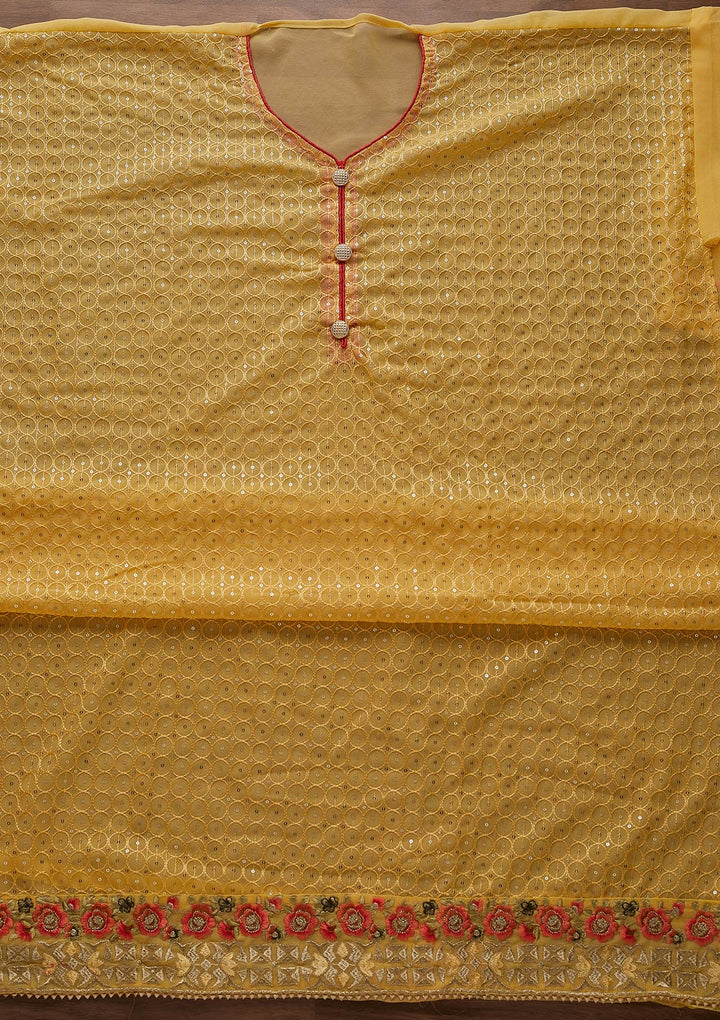 Yellow Threadwork Georgette Designer Unstitched Salwar Suit - Koskii