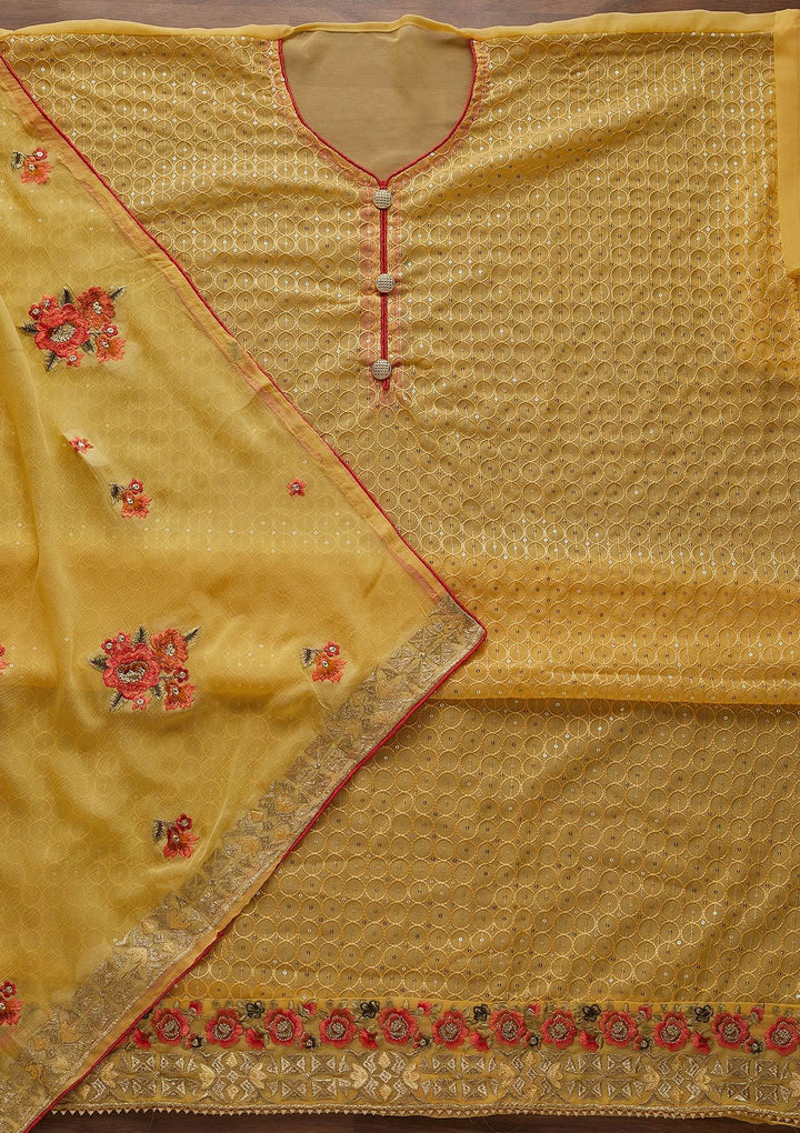 Yellow Threadwork Georgette Designer Unstitched Salwar Suit - Koskii
