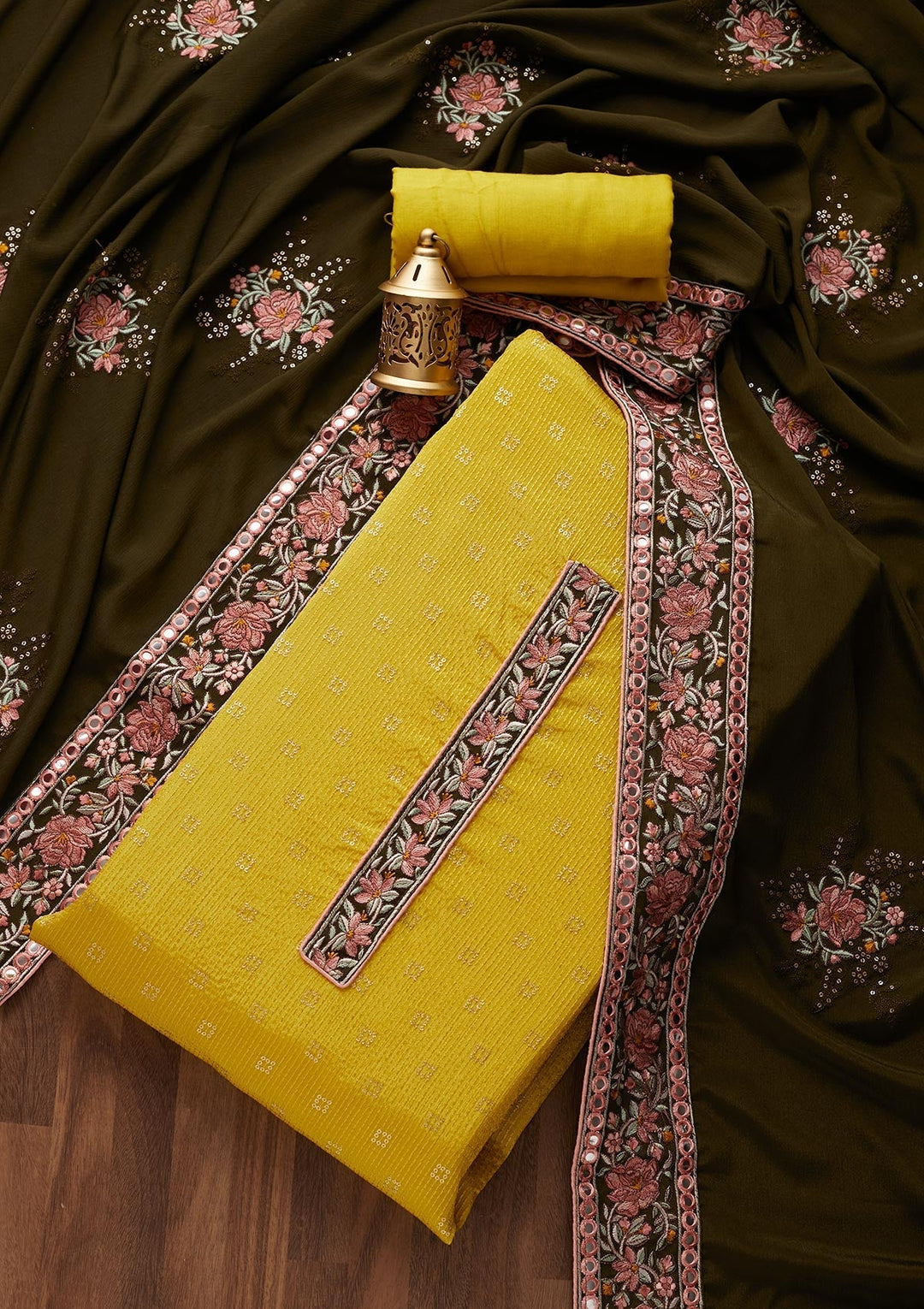 Yellow Threadwork Georgette Unstitched Salwar Suit - Koskii