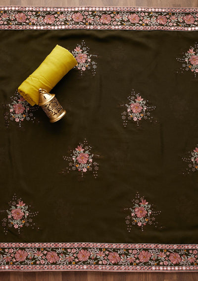 Yellow Threadwork Georgette Unstitched Salwar Suit - Koskii