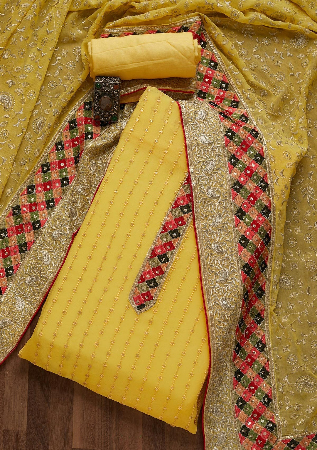 Yellow Threadwork Georgette Unstitched Salwar Suit- Koskii