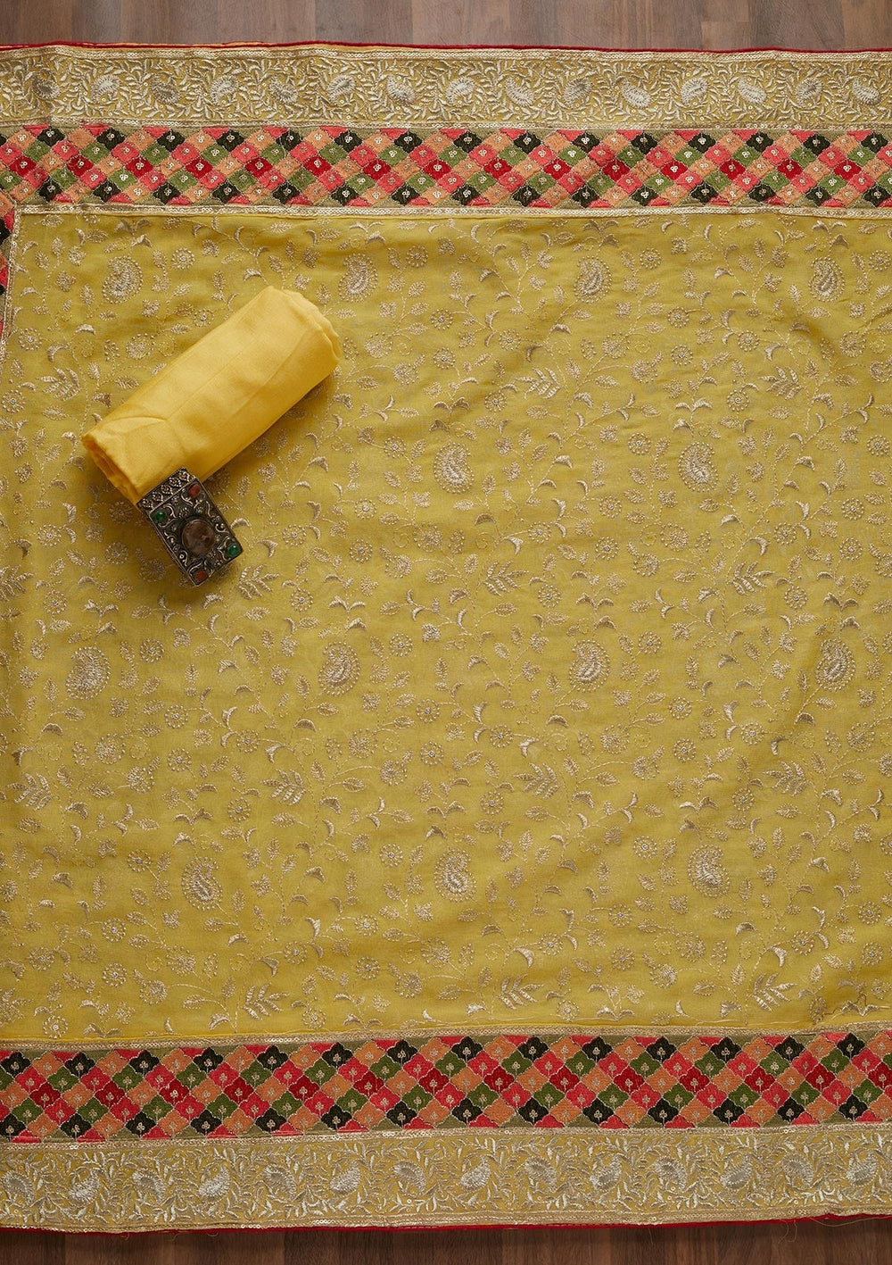 Yellow Threadwork Georgette Unstitched Salwar Suit - Koskii