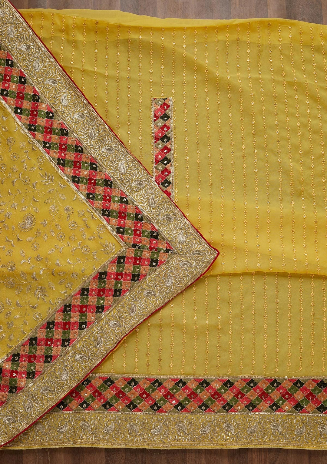Yellow Threadwork Georgette Unstitched Salwar Suit - Koskii