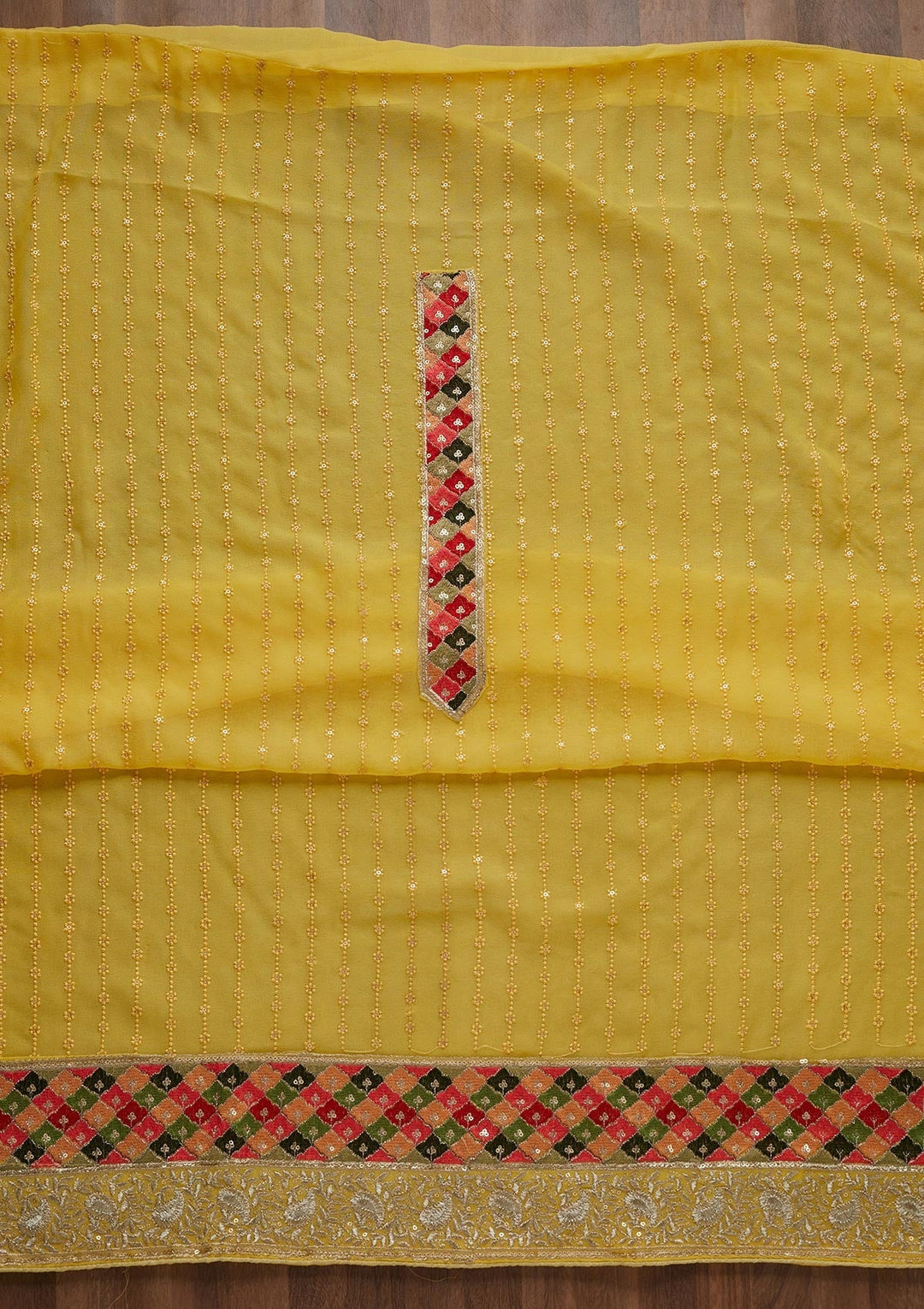 Yellow Threadwork Georgette Unstitched Salwar Suit - Koskii
