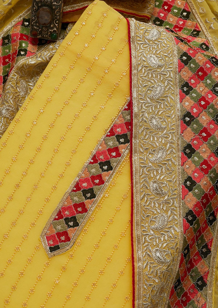Yellow Threadwork Georgette Unstitched Salwar Suit - Koskii
