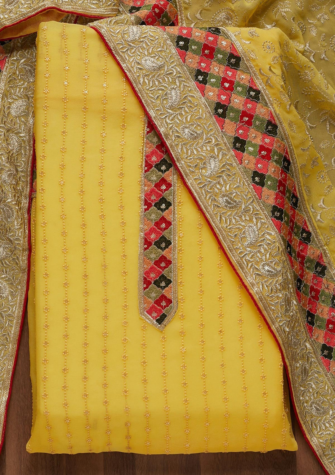 Yellow Threadwork Georgette Unstitched Salwar Suit - Koskii