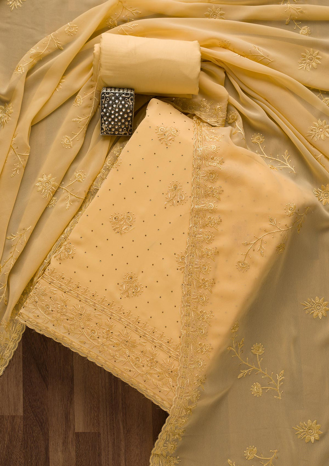 Yellow Threadwork Georgette Unstitched Salwar Suit-Koskii