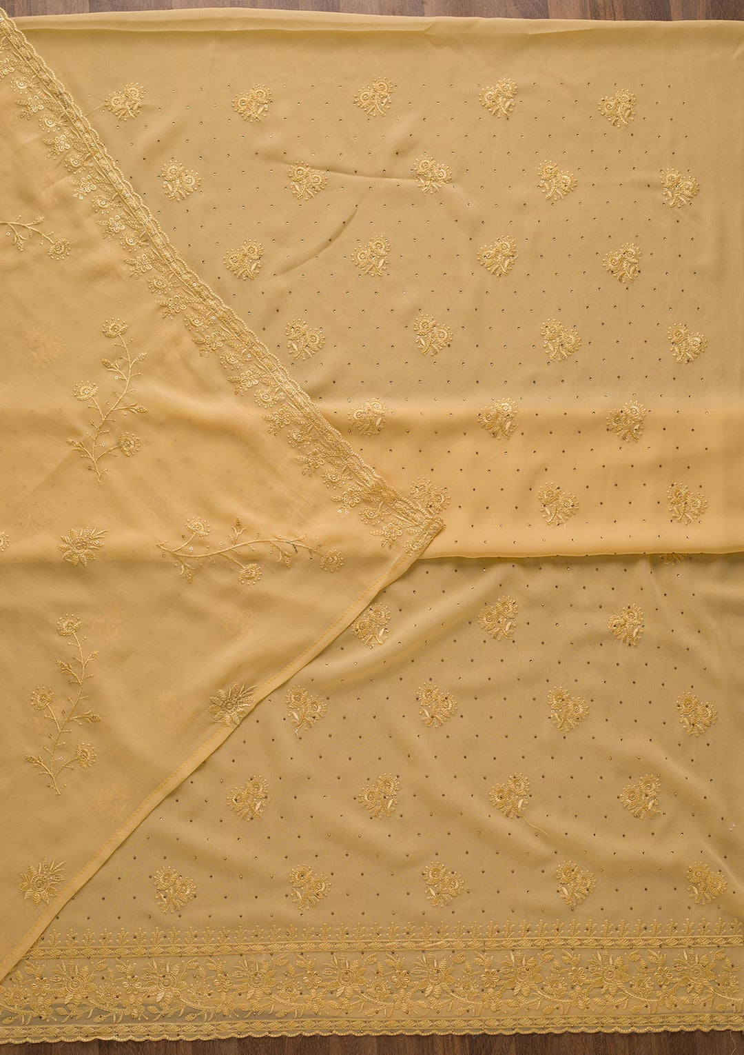 Yellow Threadwork Georgette Unstitched Salwar Suit-Koskii
