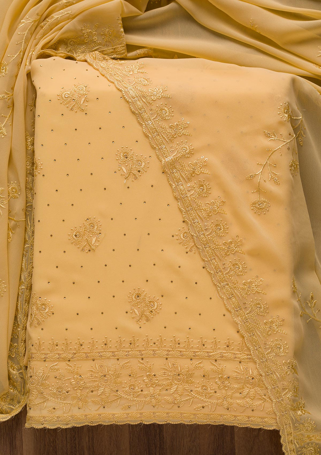 Yellow Threadwork Georgette Unstitched Salwar Suit-Koskii
