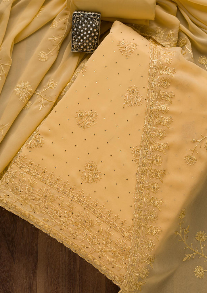 Yellow Threadwork Georgette Unstitched Salwar Suit-Koskii