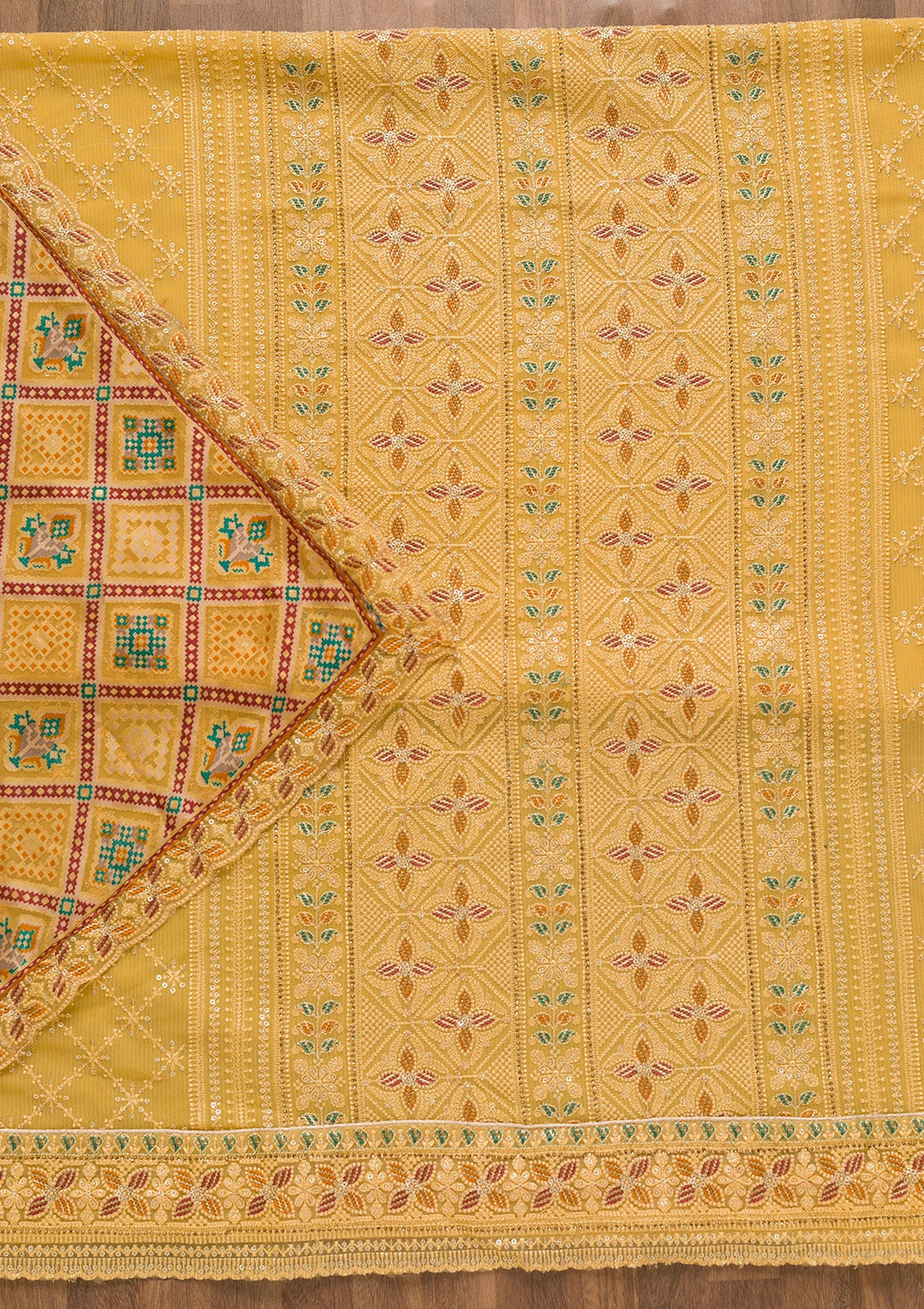 Yellow Threadwork Georgette Unstitched Salwar Kameez-Koskii