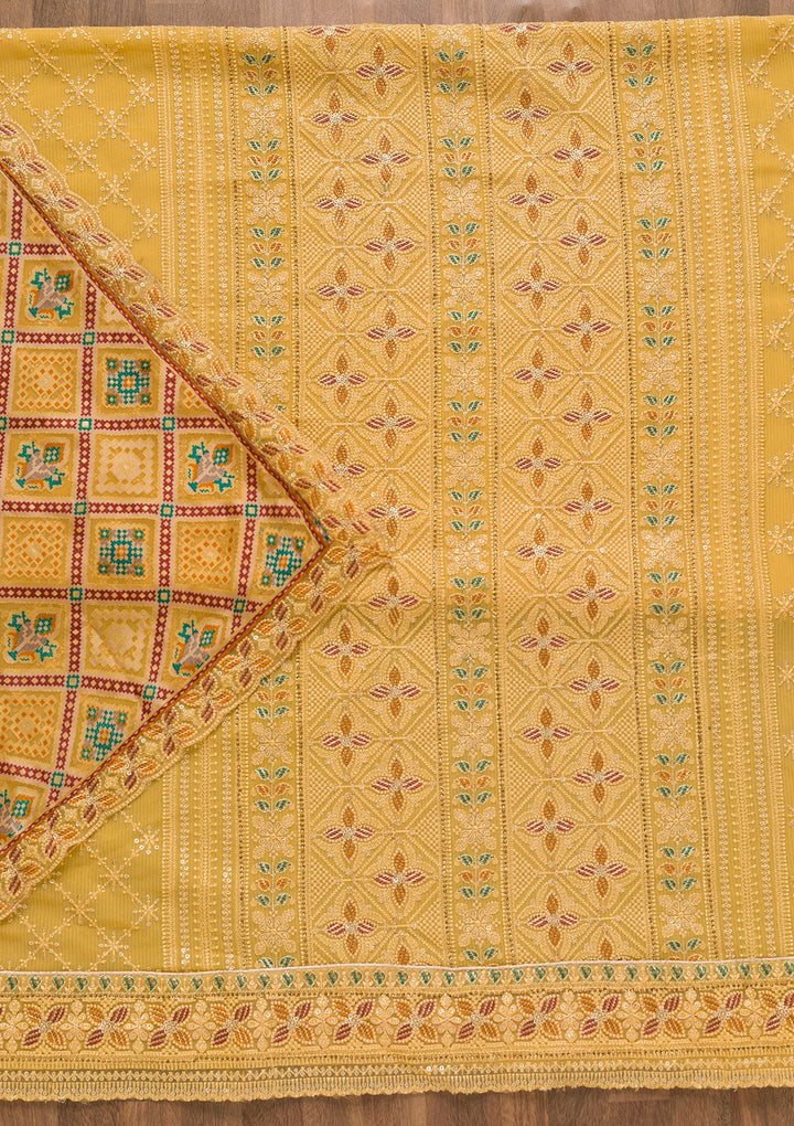 Yellow Threadwork Georgette Unstitched Salwar Kameez-Koskii