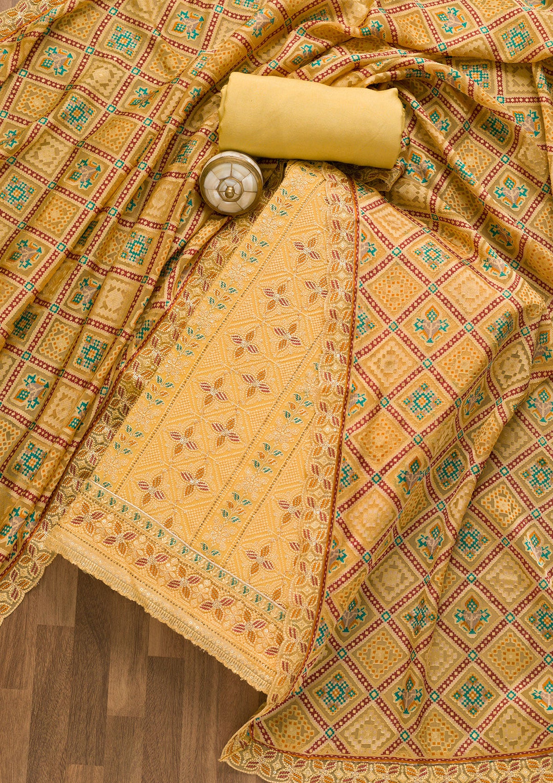Yellow Threadwork Georgette Unstitched Salwar Kameez-Koskii