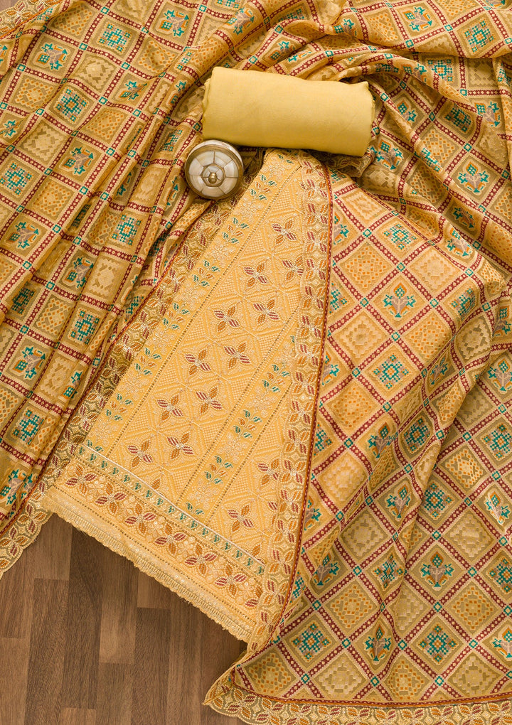 Yellow Threadwork Georgette Unstitched Salwar Kameez-Koskii