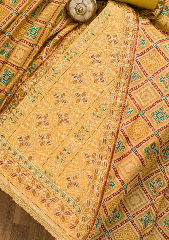 Yellow Threadwork Georgette Unstitched Salwar Kameez-Koskii