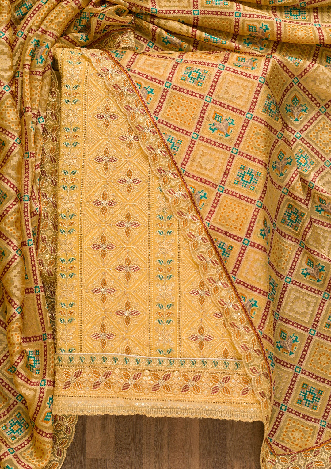 Yellow Threadwork Georgette Unstitched Salwar Kameez-Koskii