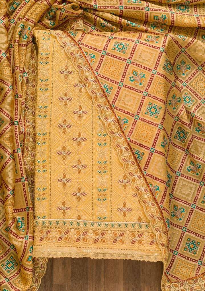 Yellow Threadwork Georgette Unstitched Salwar Kameez-Koskii