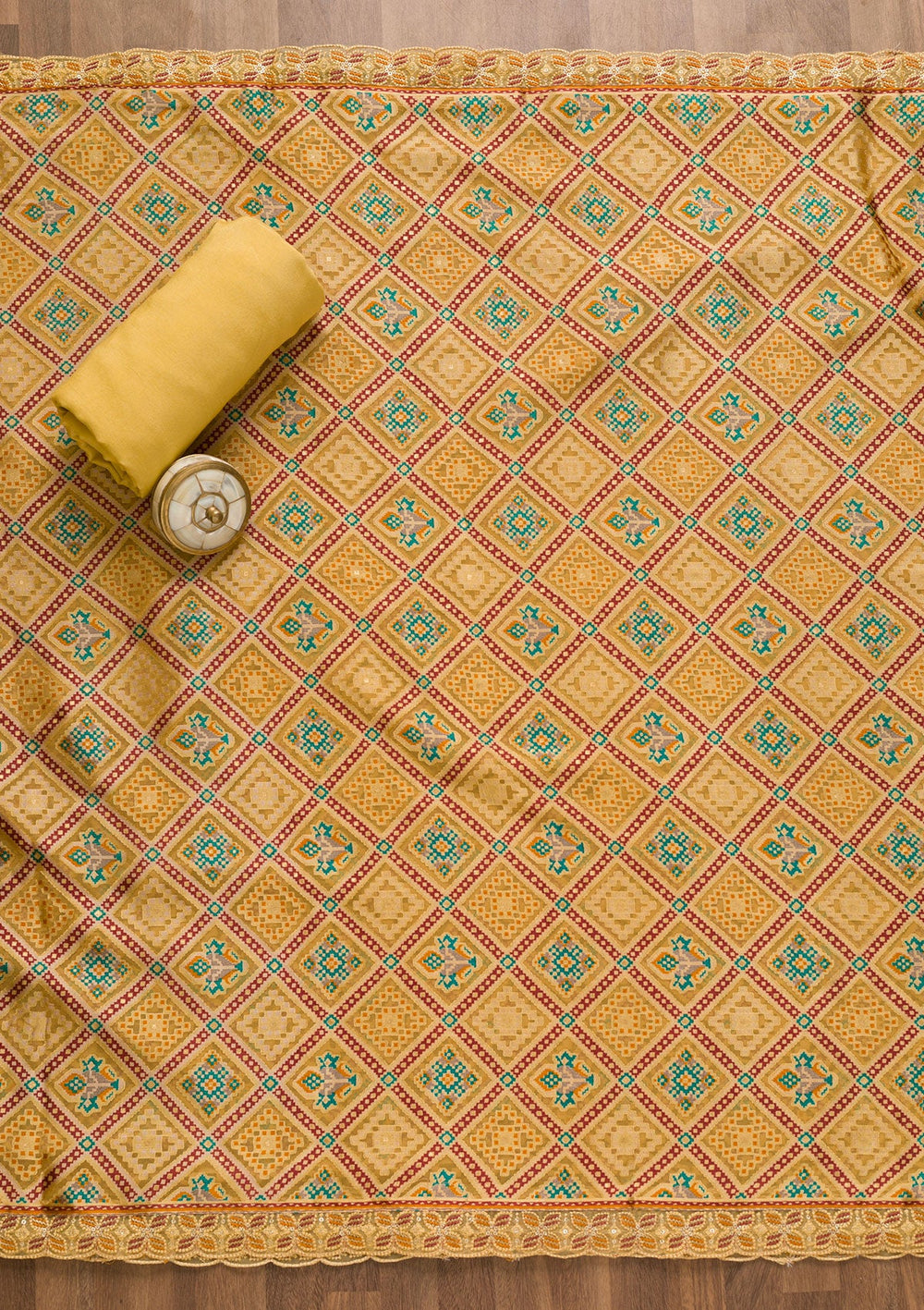 Yellow Threadwork Georgette Unstitched Salwar Kameez-Koskii