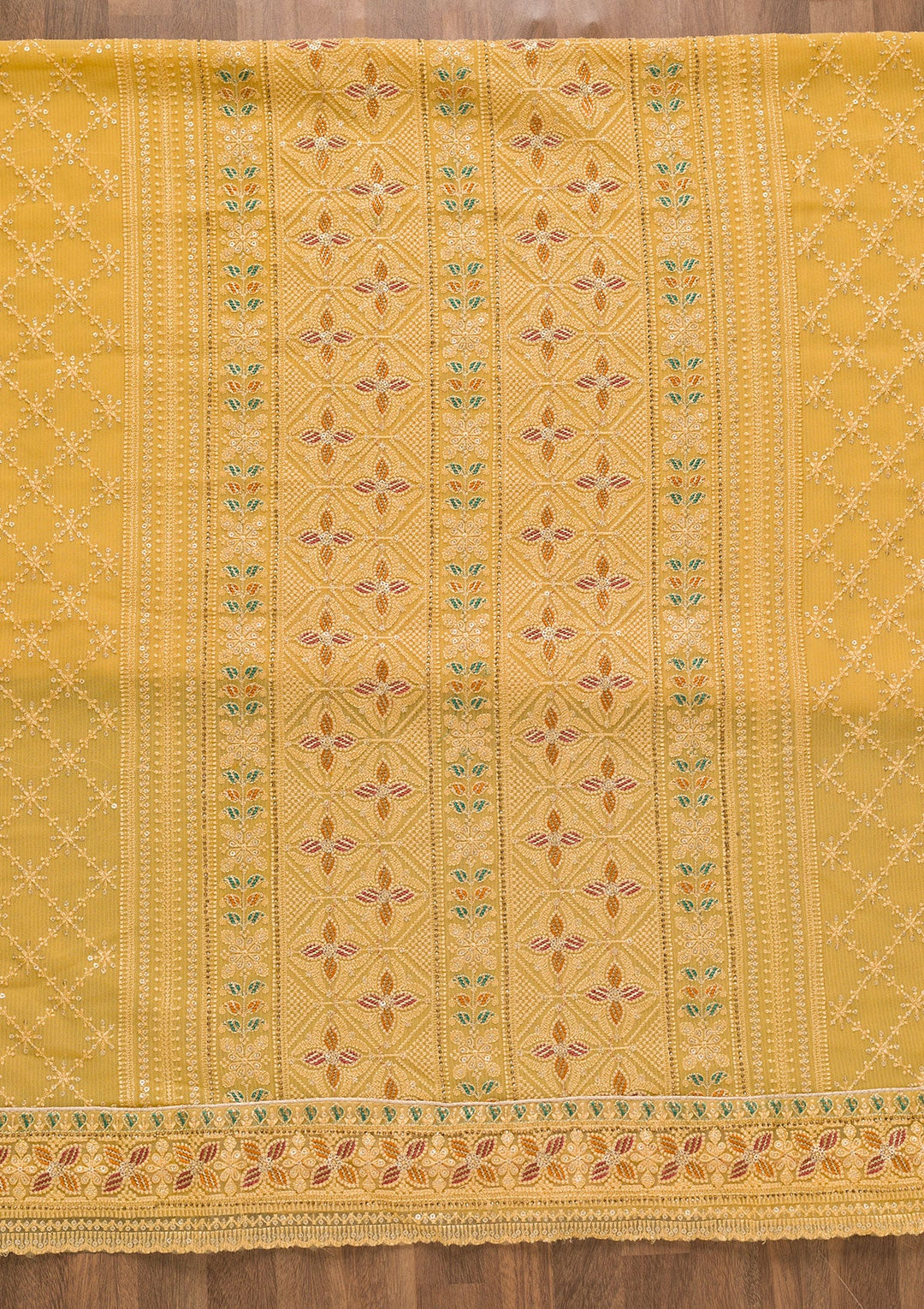 Yellow Threadwork Georgette Unstitched Salwar Kameez-Koskii