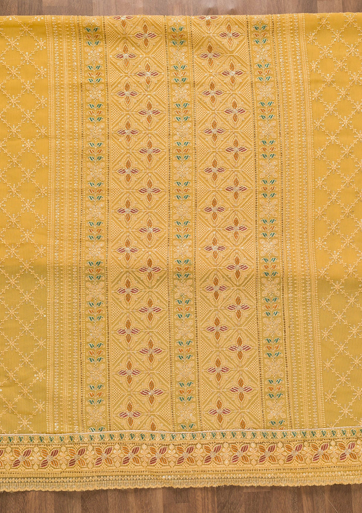 Yellow Threadwork Georgette Unstitched Salwar Kameez-Koskii
