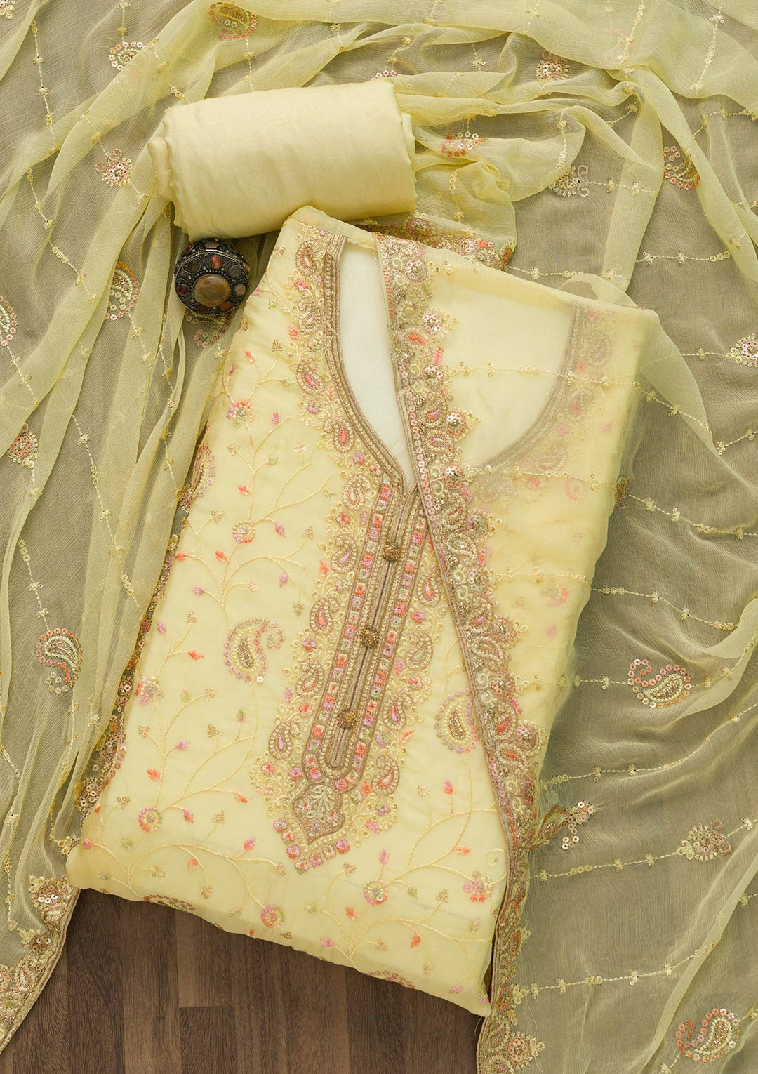 Yellow Threadwork Georgette Unstitched Salwar Suit-Koskii