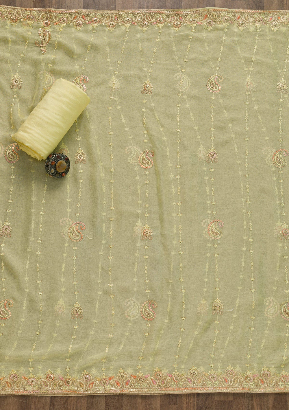 Yellow Threadwork Georgette Unstitched Salwar Suit-Koskii