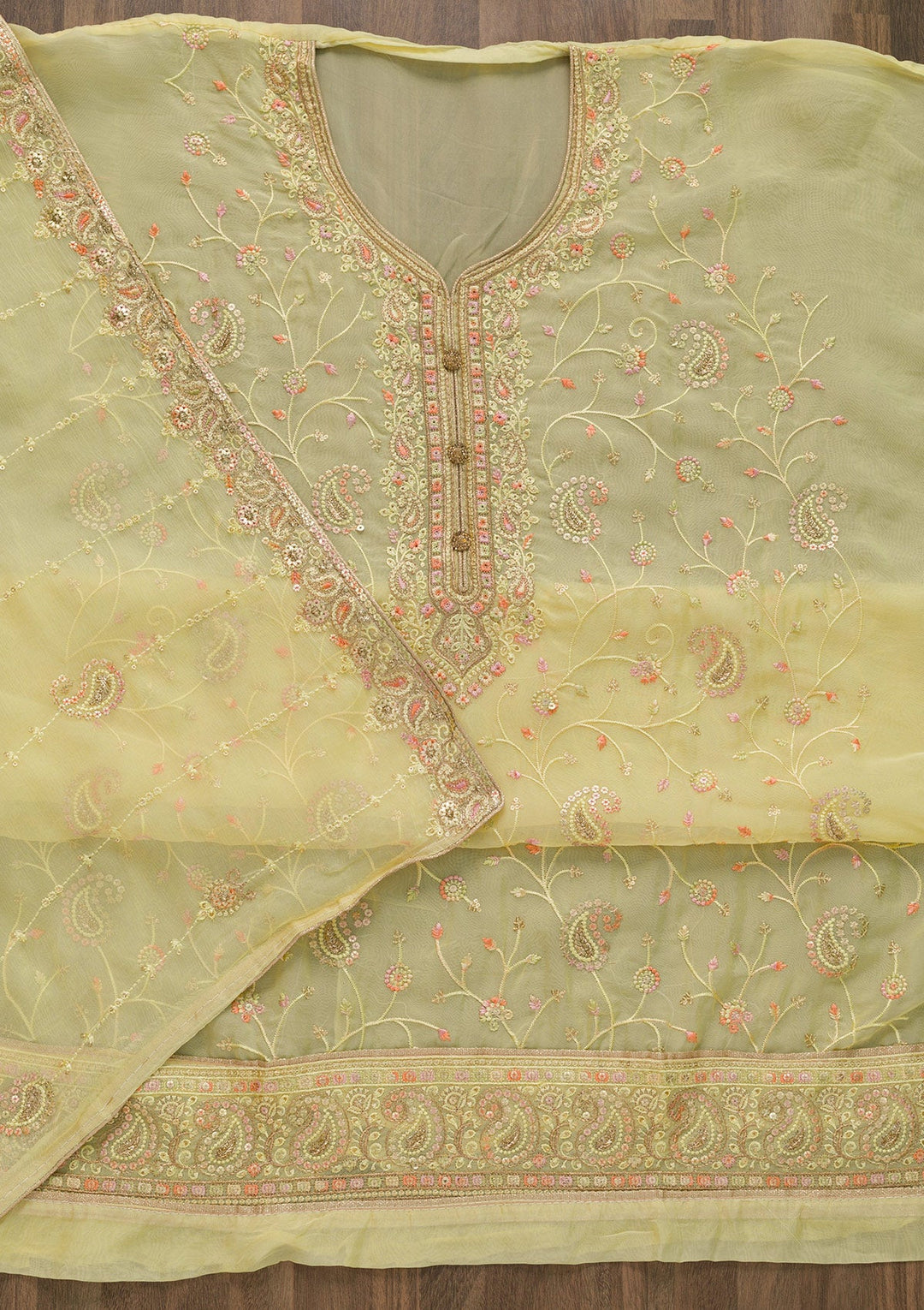 Yellow Threadwork Georgette Unstitched Salwar Suit-Koskii