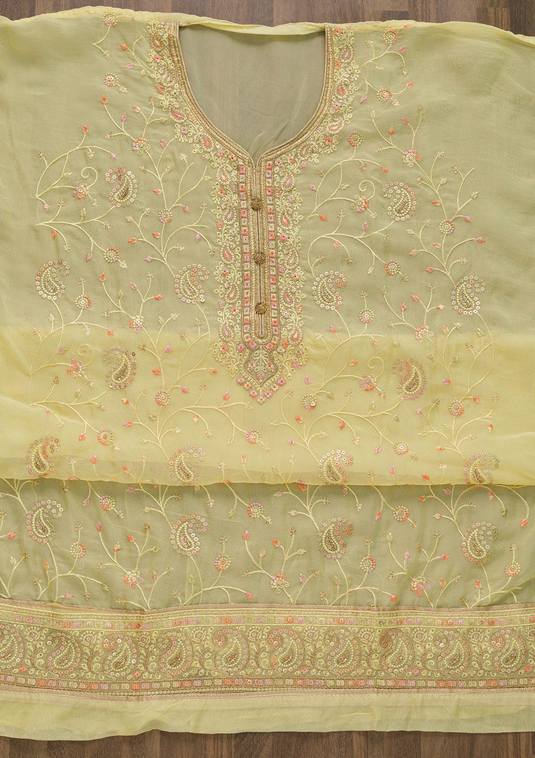 Yellow Threadwork Georgette Unstitched Salwar Suit-Koskii