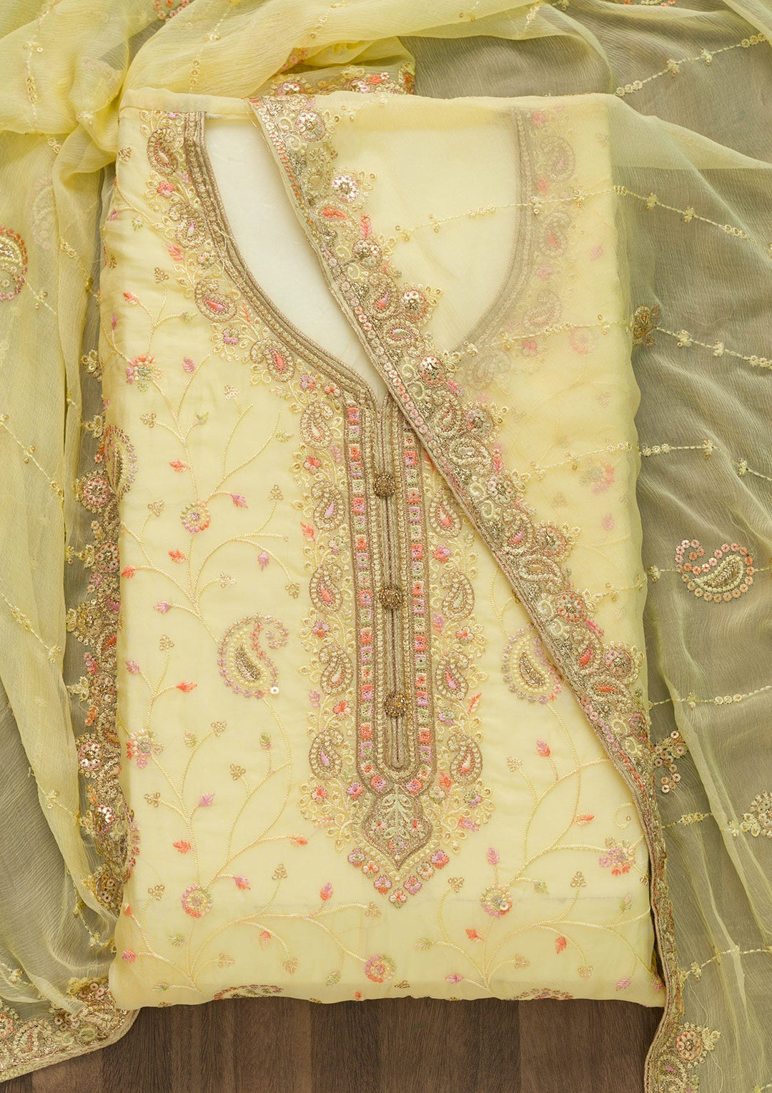 Yellow Threadwork Georgette Unstitched Salwar Suit-Koskii