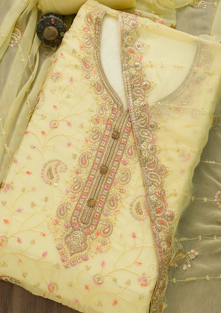 Yellow Threadwork Georgette Unstitched Salwar Suit-Koskii