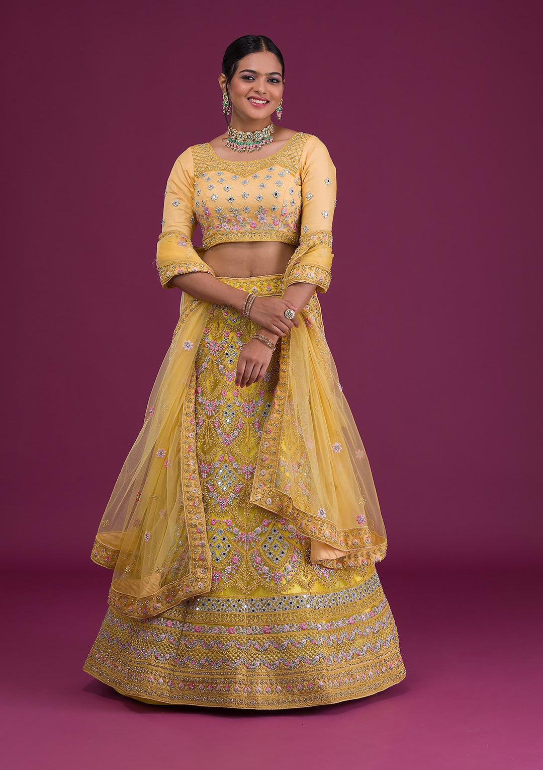 Yellow Threadwork Net Semi-Stitched Lehenga-Koskii