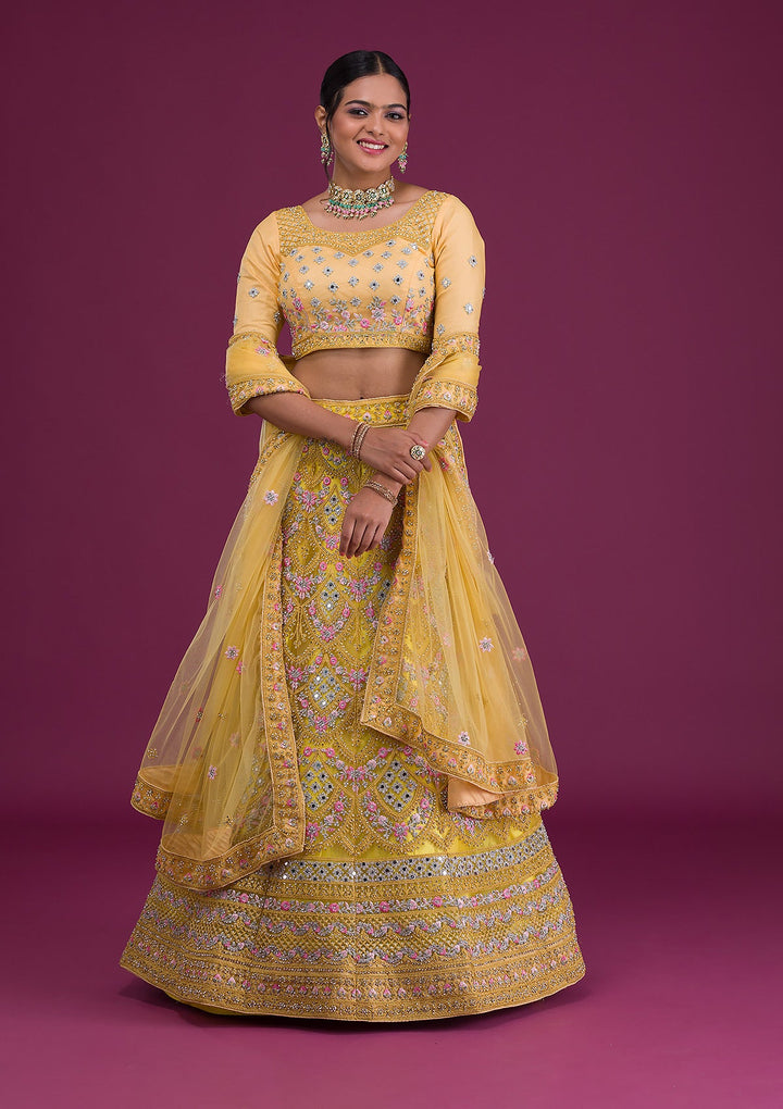 Yellow Threadwork Net Semi-Stitched Lehenga-Koskii