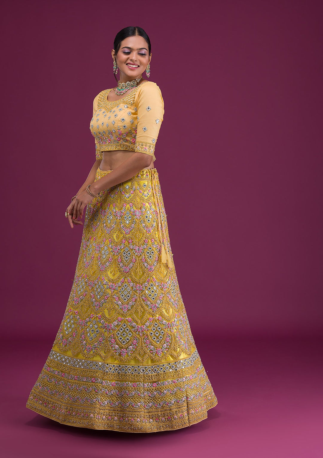 Yellow Threadwork Net Semi-Stitched Lehenga-Koskii