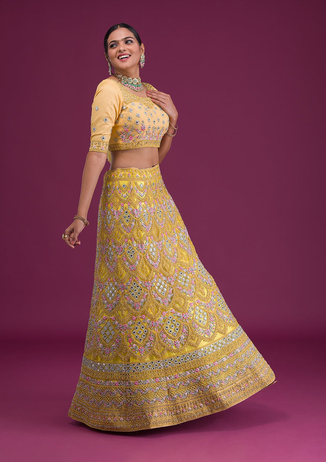 Yellow Threadwork Net Semi-Stitched Lehenga-Koskii