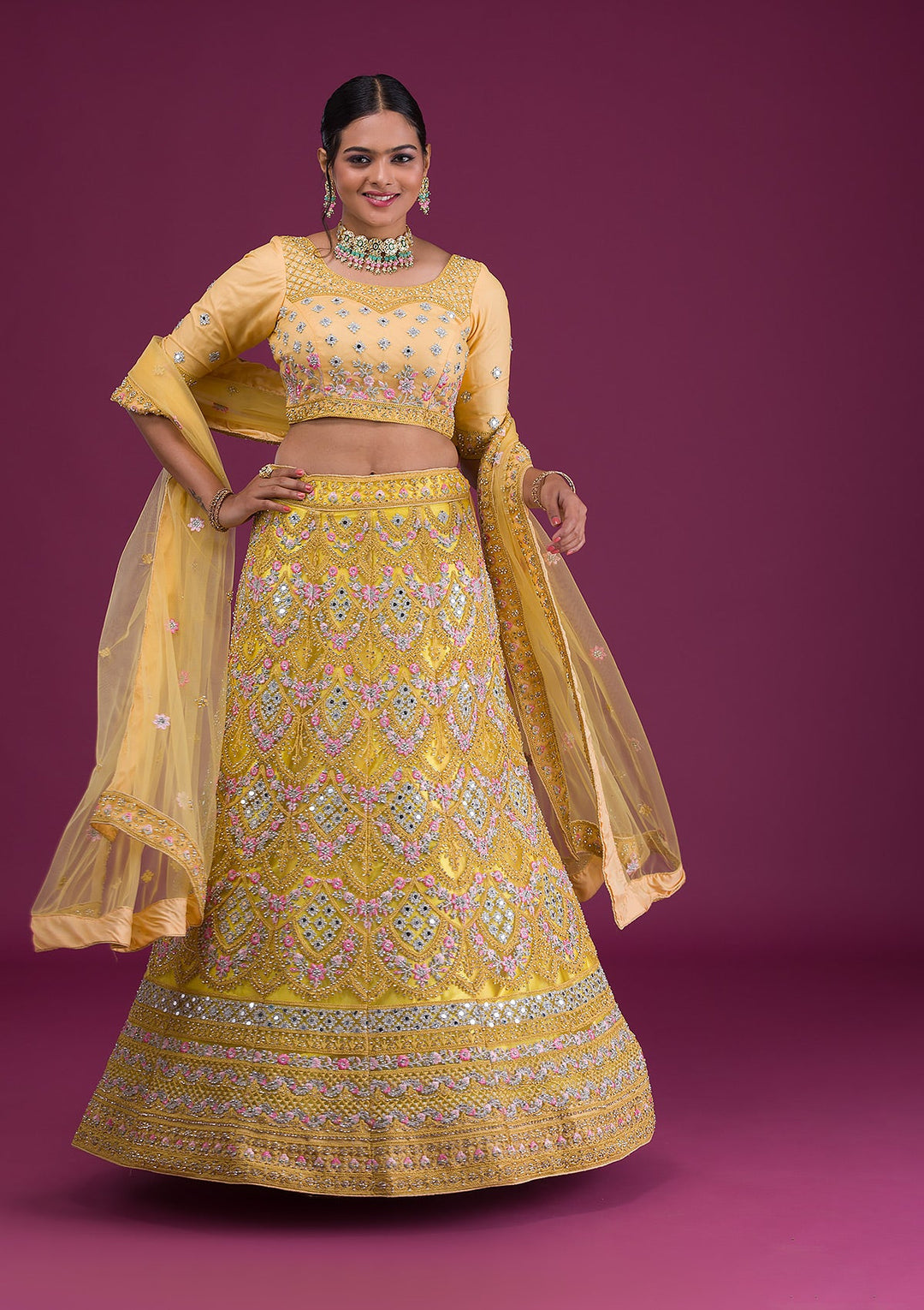 Yellow Threadwork Net Semi-Stitched Lehenga-Koskii