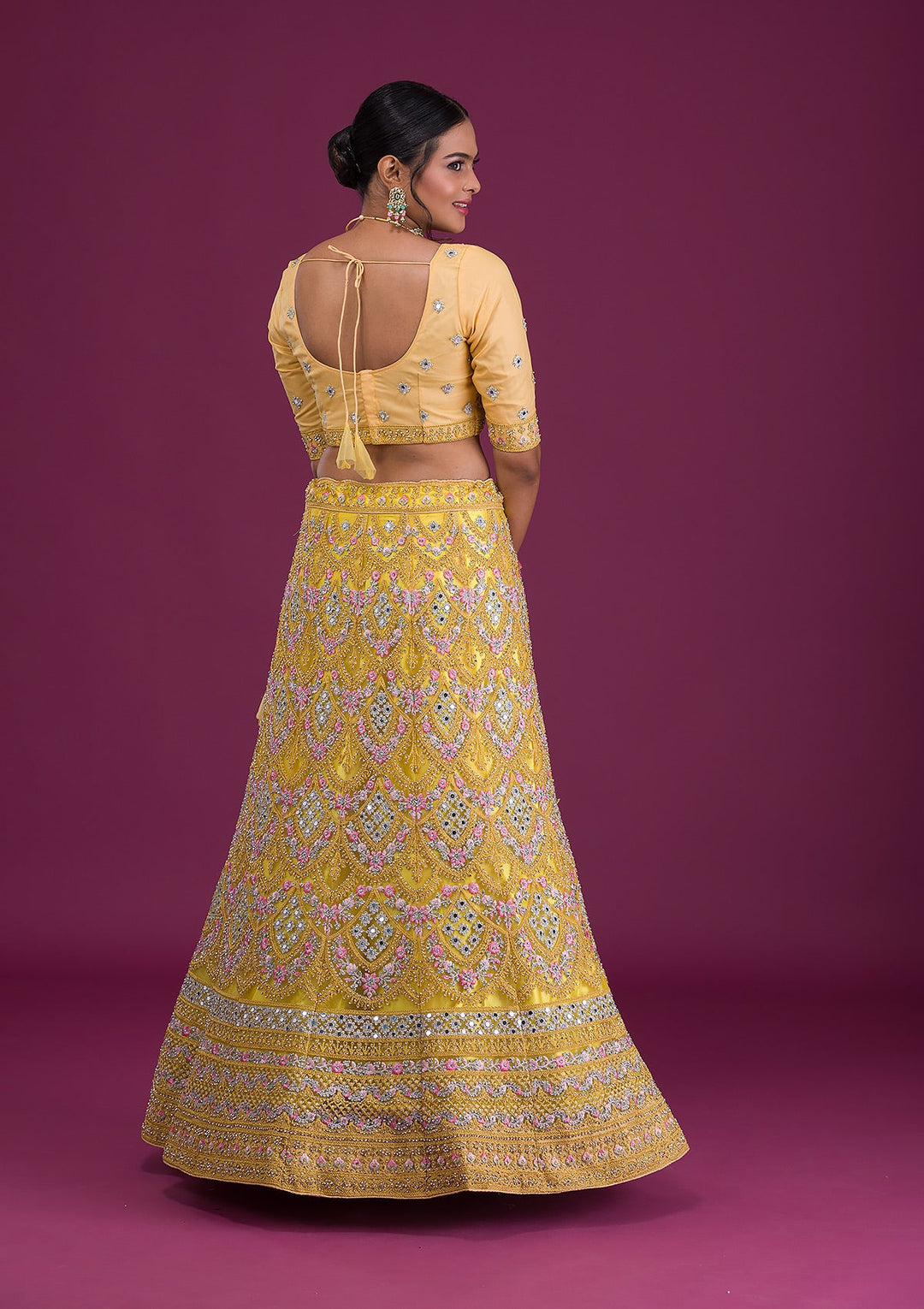 Yellow Threadwork Net Semi-Stitched Lehenga-Koskii