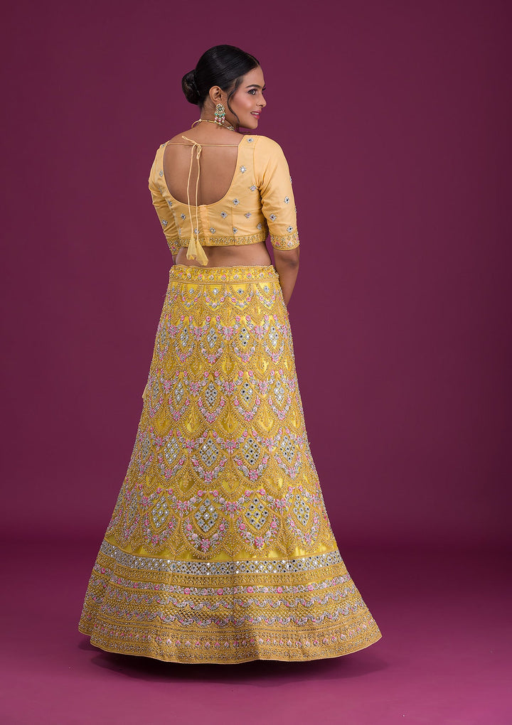 Yellow Threadwork Net Semi-Stitched Lehenga-Koskii