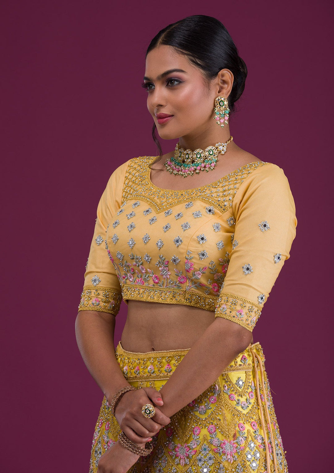 Yellow Threadwork Net Semi-Stitched Lehenga-Koskii