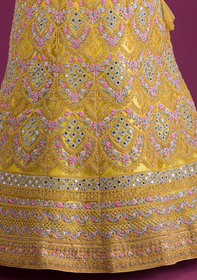 Yellow Threadwork Net Semi-Stitched Lehenga-Koskii