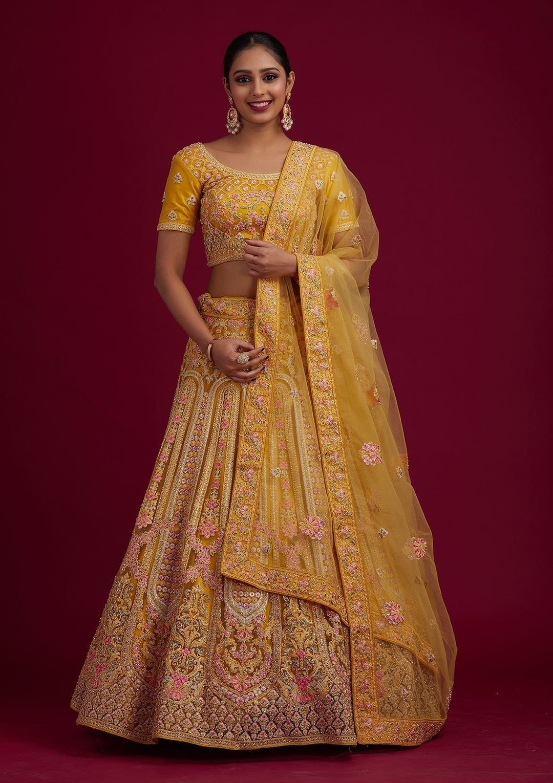 Yellow Threadwork Net Designer Semi-Stitched Lehenga - koskii