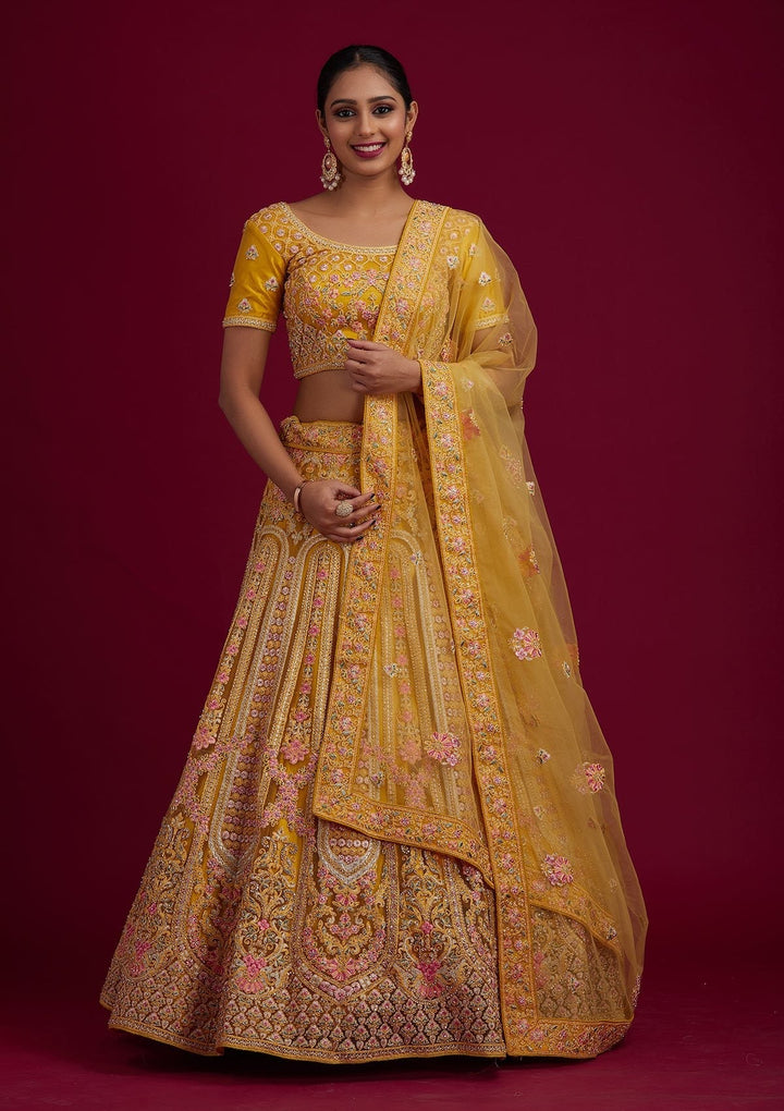 Yellow Threadwork Net Designer Semi-Stitched Lehenga - koskii