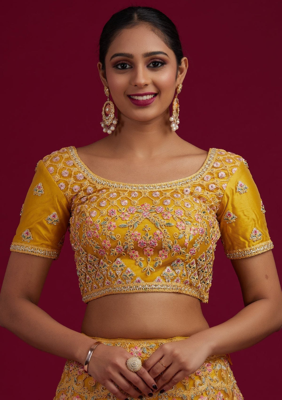 Yellow Threadwork Net Designer Semi-Stitched Lehenga - koskii