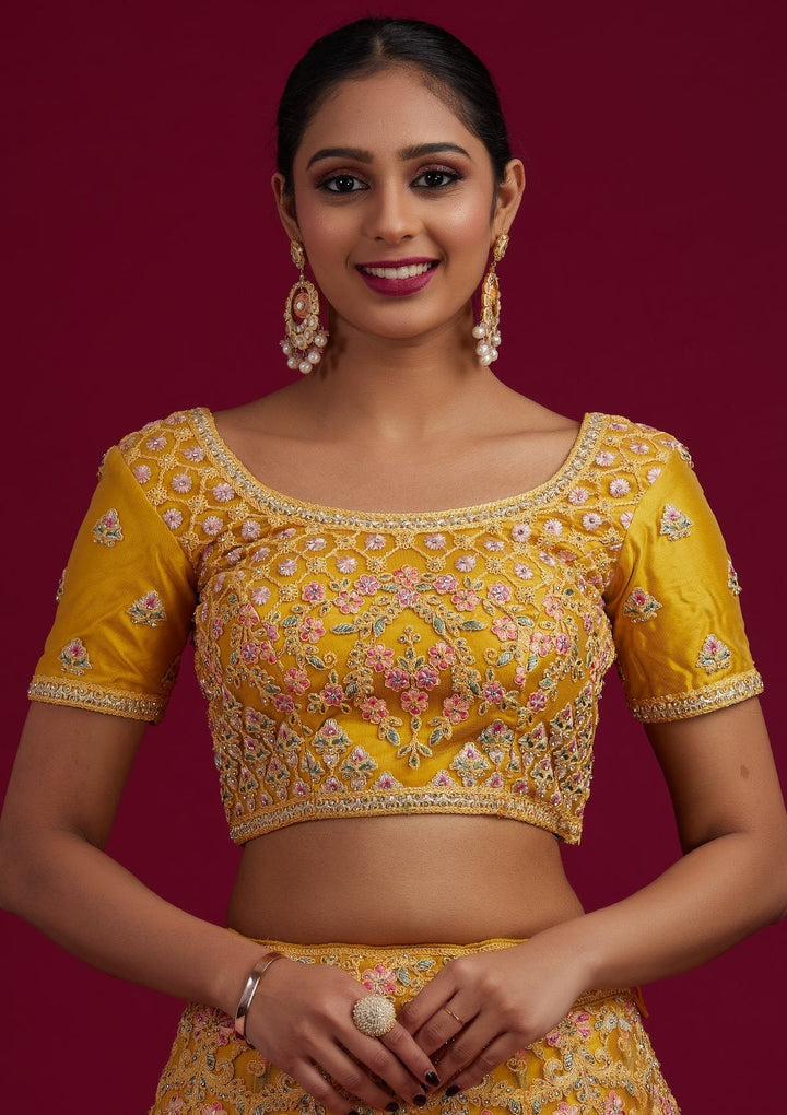 Yellow Threadwork Net Designer Semi-Stitched Lehenga - koskii