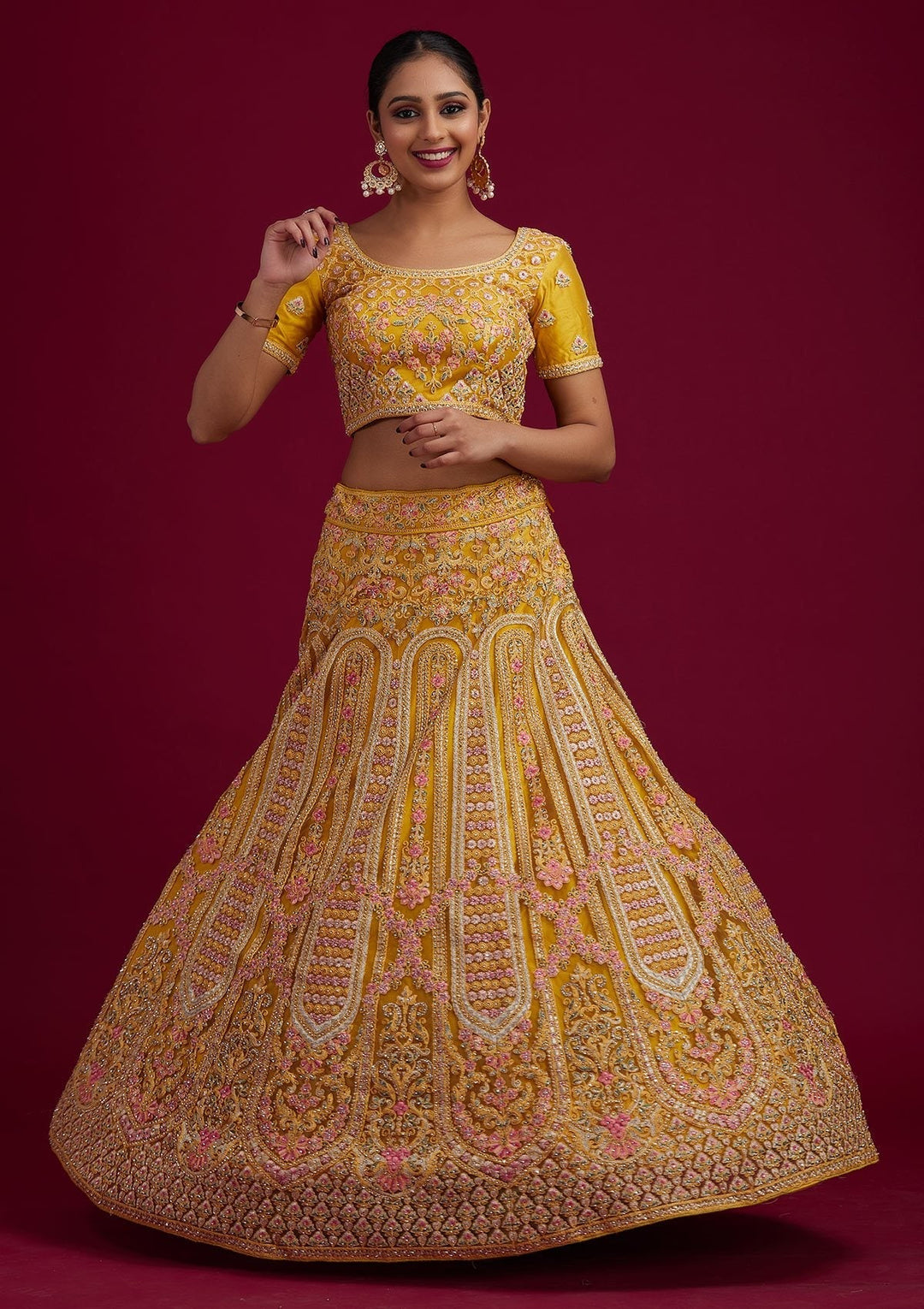 Yellow Threadwork Net Designer Semi-Stitched Lehenga - koskii