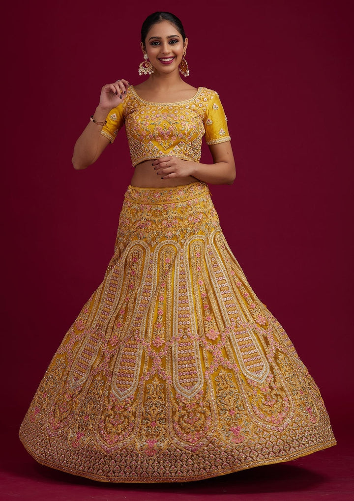 Yellow Threadwork Net Designer Semi-Stitched Lehenga - koskii