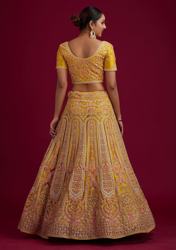 Yellow Threadwork Net Designer Semi-Stitched Lehenga - koskii