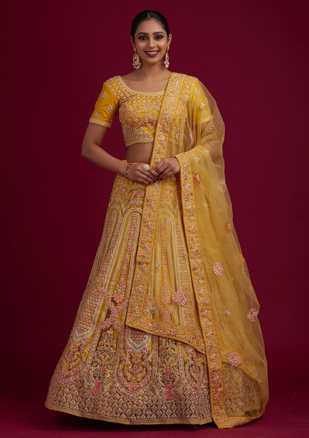 Yellow Threadwork Net Designer Semi-Stitched Lehenga - koskii