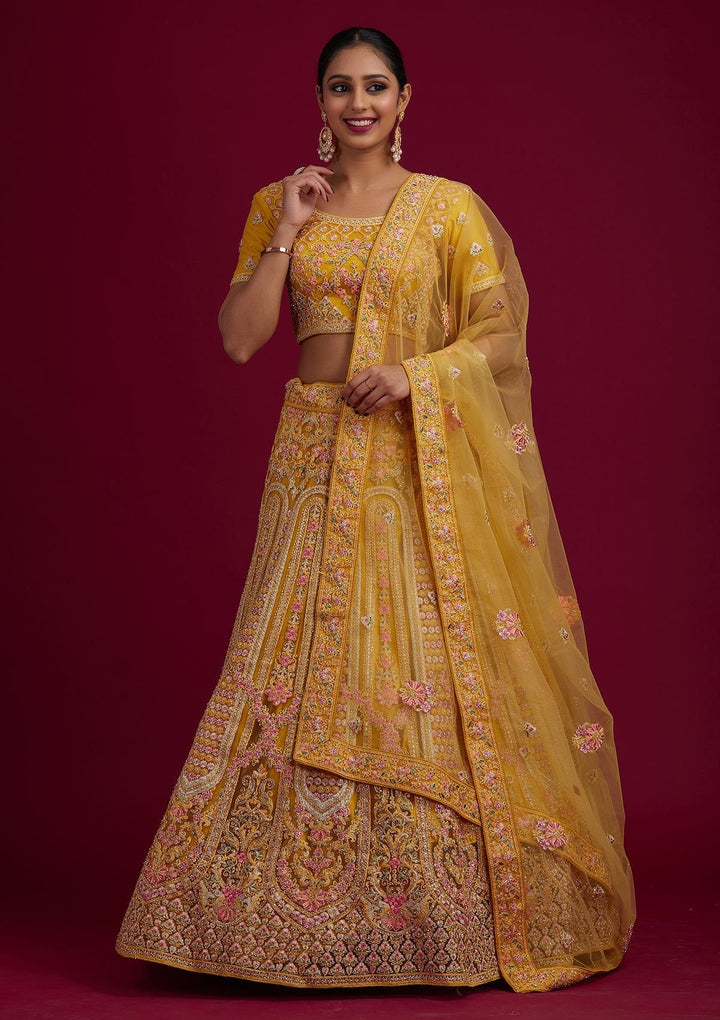 Yellow Threadwork Net Designer Semi-Stitched Lehenga - koskii